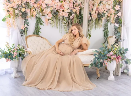 Miniatura 7 de Vivymaku Vestido de maternidad de gasa con cuello en V para sesión de fotos, maternidad, embarazo, baby shower, vestido hinchado transparente