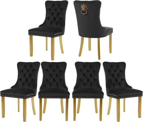Miniatura 29 de Juego de 2 sillas de comedor de terciopelo, silla de comedor tapizada de alta gama con tirador de anillo en la espalda, adorno de clavos y patas