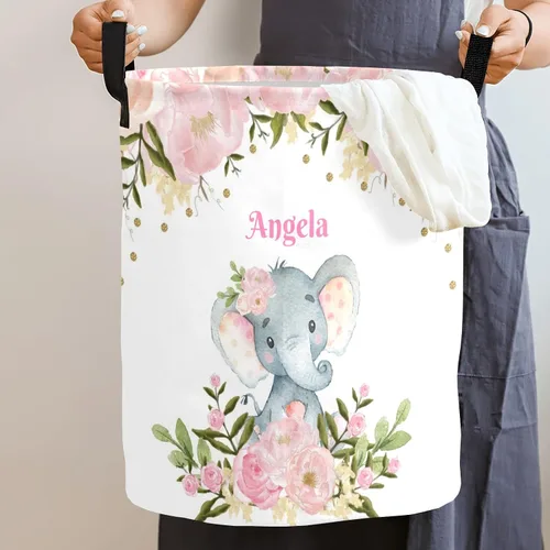 Miniatura 4 de Cestas de lavandería personalizadas de elefante floral rosa con nombre, cesta de almacenamiento de ropa plegable con asa para baño, dormitorio