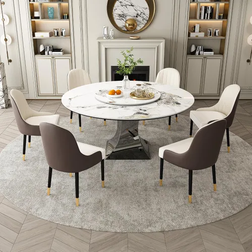 Miniatura 8 de Mesa de comedor redonda, mesa de comedor de piedra sinterizada blanca, base moderna de acero inoxidable sólido