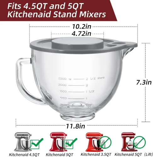 Miniatura 2 de Kitchenaid - Cuenco para batidoras de pie de 4.5 cuartos y 5 cuartos de galón, cuenco de vidrio con tapa y marcas de medición