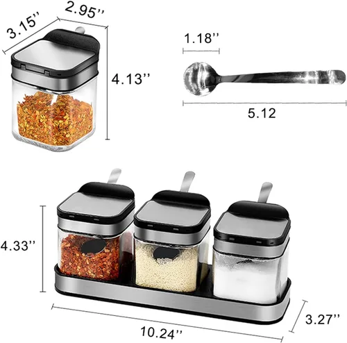 Miniatura 2 de V-Shine Contenedor de especias para condimentos con tapas y cucharas de acero inoxidable 304, recipientes de vidrio transparente para condimentos