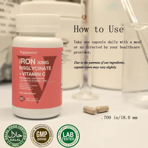 Miniatura 6 de Suplemento de bisglicinato de hierro para mujeres y hombres, pastillas de hierro de 30 mg con vitamina C, B12, ácido fólico, hierro quelado