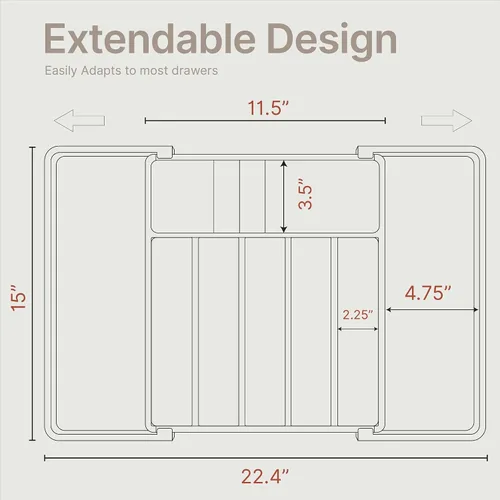 Miniatura 3 de Organizador de cajones de utensilios expandible negro, 1 paquete, ajustable de 13 a 22.4 pulgadas, organizador de cubiertos de 5 compartimentos