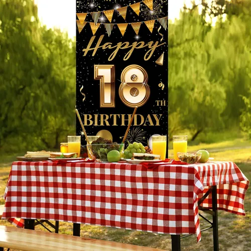 Miniatura 4 de Cartel de puerta de fiesta de cumpleaños número 18, decoración de feliz cumpleaños 18 para niñas y niños, telón de fondo negro dorado para fotos