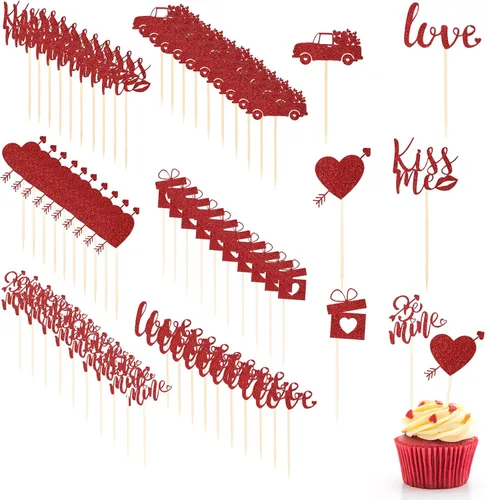 Miniatura 8 de Pajean 60 piezas de decoración para cupcakes para el día de San Valentín con purpurina roja y corazón de amor, beso me Lip Be Mine, caja de regalo