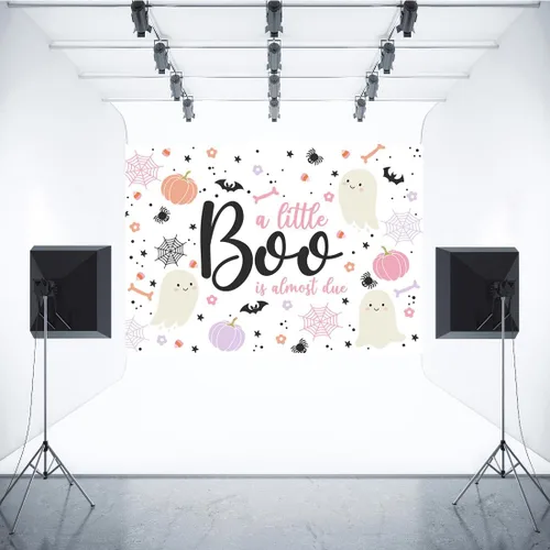 Miniatura 4 de Telón de fondo de Halloween de 6 x 4 pies para baby shower con texto en inglés "A Little Boo is Almost Due Blush Pink Pumpkin Skull Spider Web Bat