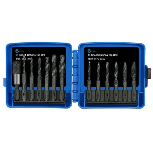 GMTOOLS Juego de brocas combinadas y sacabocados con adaptador de cambio rápido de 13 piezas, 6 tamaños SAE: 6-32NC a 1/4-20NC, 6 tamaños métricos: