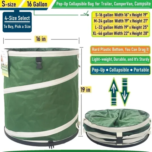 Miniatura 5 de Bote de basura plegable de 16 galones (16 x 19 pulgadas), bolsa de jardín con parte inferior de carcasa dura, contenedor de reciclaje emergente