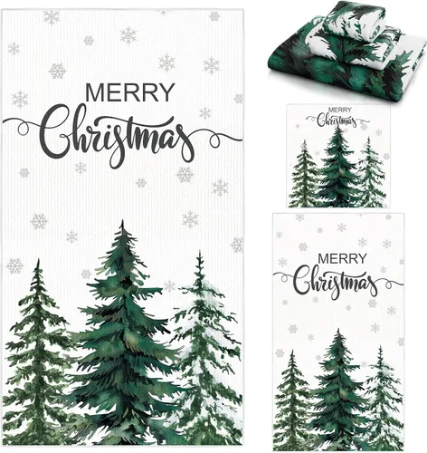 Miniatura 9 de Preboun Juego de 3 toallas de baño navideñas de gnomo, toallas de mano con árbol de Navidad, toallas de baño con copos de nieve de invierno, toallas