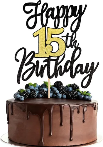 1 PIEZA Decoración Superior para Pastel Feliz Cumpleaños 15 Negro Dorado con Purpurina Brindis por 15 Años Selección de Pastel de Cumpleaños 15
