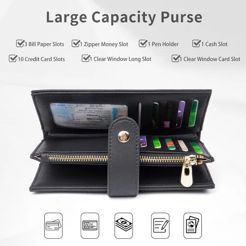 Miniatura 2 de Billetera con bloqueo RFID para mujer, delgada y delgada, de cuero plegable, funda de tarjetas de gran capacidad, cartera larga para mujer