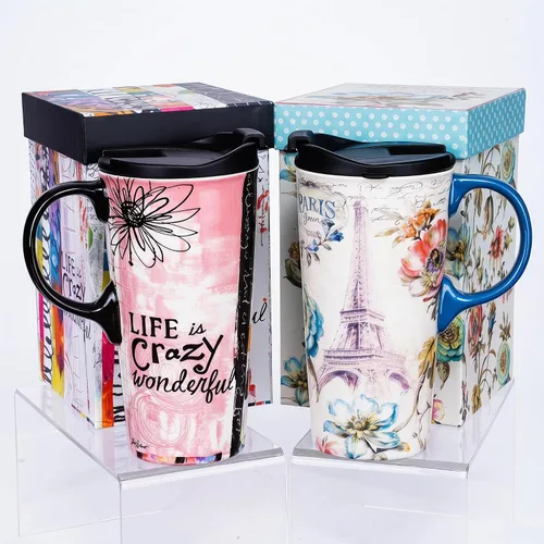 Miniatura 12 de Topadorn Taza de cerámica de 17 onzas con tapa y asa, taza de café de plumas coloridas con caja de regalo, taza de té grande para mujeres, oficina