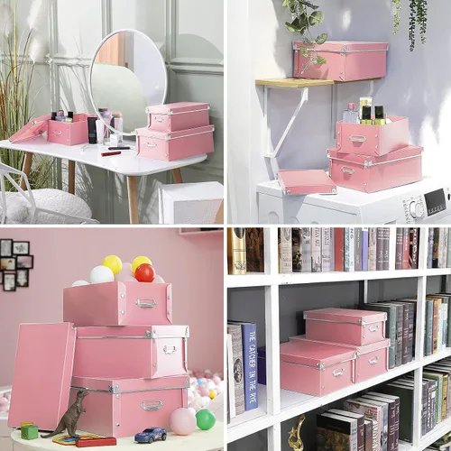 Miniatura 3 de SEEKIND Caja de almacenamiento, contenedores decorativos con tapa, juego 3 en 1, de plástico, con asas, cierre de botón, a prueba de humedad, J-Rosa