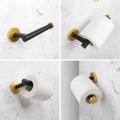 Miniatura 5 de Juego de accesorios de baño de 3 piezas, color negro y dorado, para montar en la pared, incluye soporte para papel higiénico, 2 ganchos para toallas