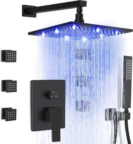 Miniatura 11 de SKOWLL Juego de grifo para el cuerpo de ducha, cabezal de ducha LED de 12 pulgadas, 6 chorros de pulverización de cuerpo, juegos de sistema de ducha