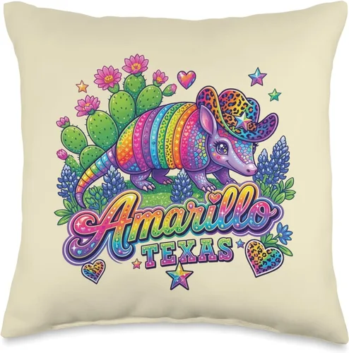 Amarillo Texas Rainbow Armadillo Cowboy 80s Retro Souvenir Throw Pillow