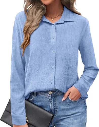 Miniatura 15 de AUSELILY - Camisas con botones para mujer, manga larga, cuello con botones, blusas casuales para el trabajo y negocios, túnicas