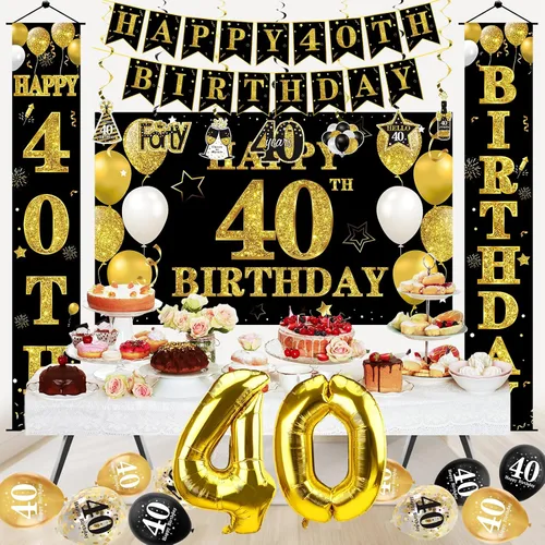 Miniatura 5 de Kit de 32 piezas de decoración de cumpleaños 40 para hombres y mujeres, pancarta de feliz cumpleaños número 40, globos colgantes de remolinos