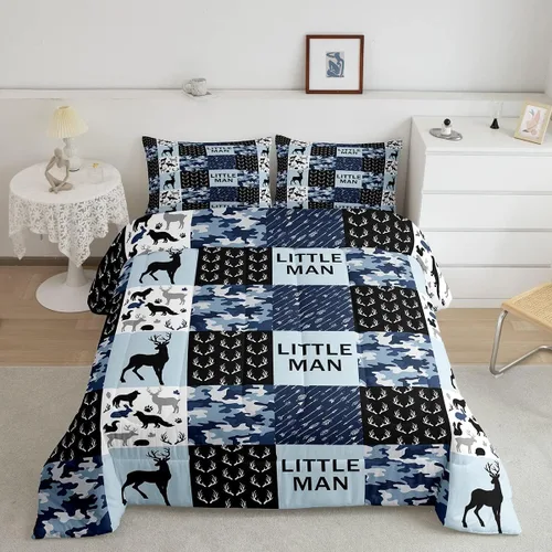 Miniatura 11 de Juego de edredón de cuernos de ciervo tamaño individual, juego de ropa de cama rústica de granja con huellas de oso y pinos para decoración