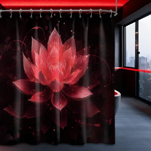 Miniatura 16 de Cortina de ducha con flores de loto negro y azul para decoración de baño, juego de cortinas decorativas de baño con estampado floral, tela