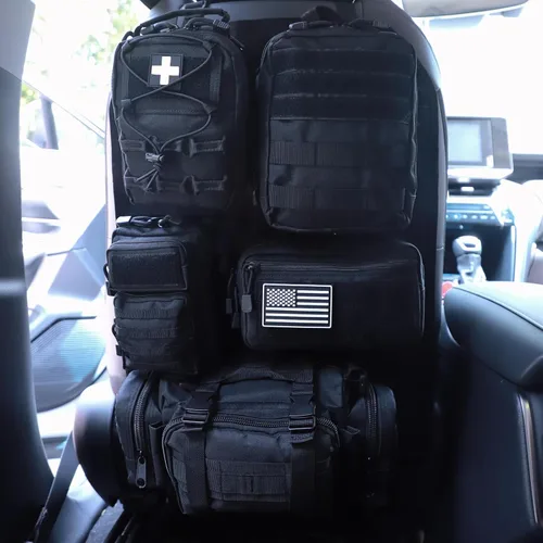 Miniatura 8 de Organizador táctico universal para respaldo de asiento, panel Molle para vehículo, bolsa de almacenamiento con 5 bolsas Molle desmontables