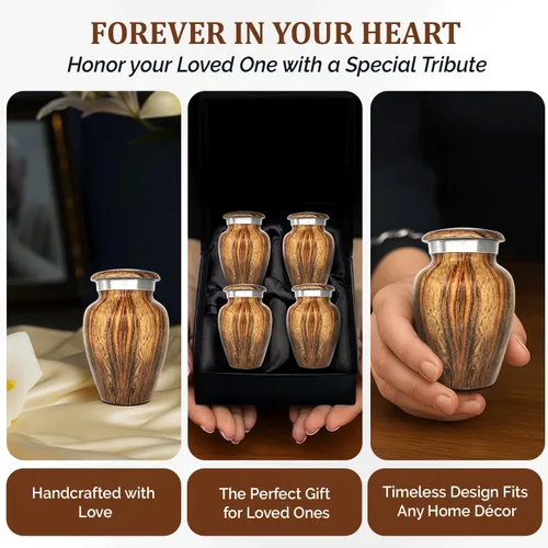 Miniatura 7 de Urnas pequeñas con estampado de madera metálica para recuerdo de cenizas humanas, mini urna para cenizas de adultos hombres y mujeres, juego