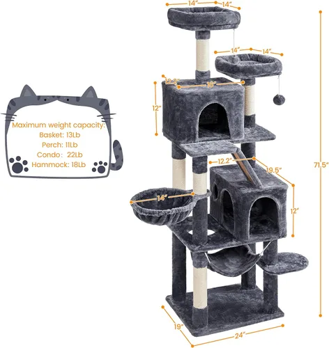 Miniatura 2 de Topeakmart Torre grande para gatos de 71.5 pulgadas para gatos de interior, muebles para gatos de varios niveles con condominios, perchas, canasta