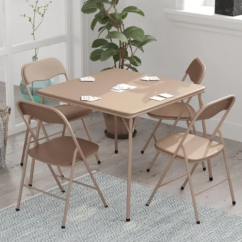 Miniatura 2 de HBCY Creations Juego de mesa y silla plegables comerciales de 5 piezas, mesa de vinilo color tostado, marcos de metal color tostado, asientos para 4
