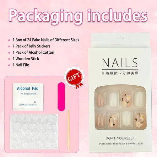 Miniatura 2 de Lindas uñas a presión de flores, color blanco leche, cuadradas, flores pequeñas, acrílicas, primavera/verano, puntas florales, uñas artificiales