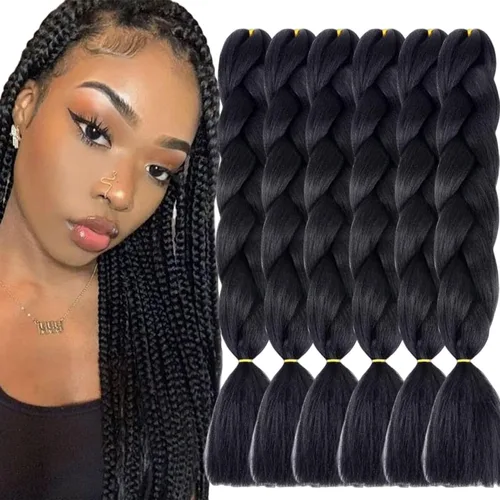 Miniatura 20 de 3 paquetes de extensiones de cabello sintético para trenzar de color negro a azul, tamaño jumbo ombré, de 24 pulgadas o trenzas de ganchillo