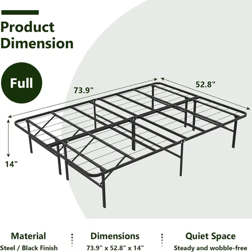 Miniatura 2 de Base de cama plegable de tamaño matrimonial, plataforma de metal con almacenamiento debajo de la cama de 14 pulgadas, resistente, sin ruido, fácil