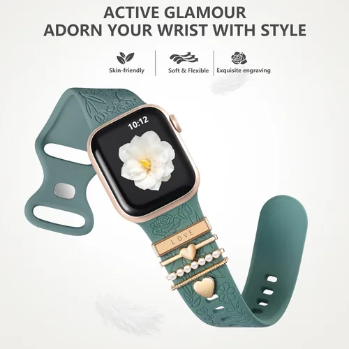 Miniatura 5 de DaQin Banda con Flor Grabada Compatible con Apple Watch, Bandas de 44mm, 42mm, 45mm, 46mm para Mujeres, Correa de Silicona Suave con Decoración