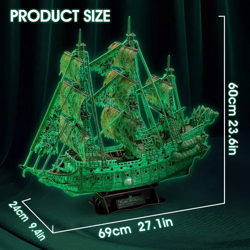 Miniatura 7 de CubicFun Rompecabezas 3D modelo de barco holandés volador luminoso embrujado barco pirata DIY para adultos y niños, kits de construcción