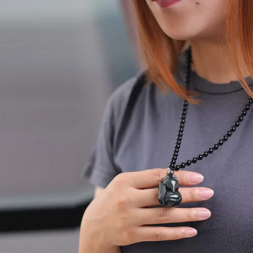 Miniatura 3 de Jewever Collar de obsidiana negra de zorro de la suerte, piedra natural, colgante de cristal curativo, amuleto de protección, joyería colgante