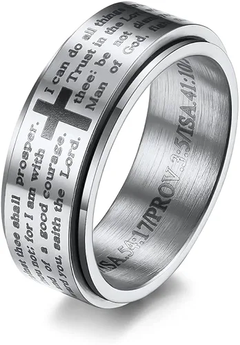 Anillo inspirador de versículos de la Biblia giratorio, cruz y crucifijo de fe, anillo grueso para hombres y niños, de acero inoxidable,