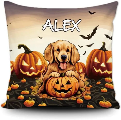 Miniatura 16 de Funda de almohada personalizada de Halloween, diseño de perro Golden Retriever, calabaza, cachorro inteligente, funda de cojín decorativa de lona 34
