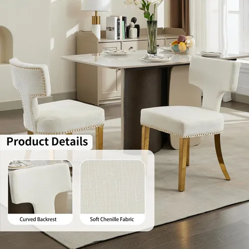 Miniatura 4 de Juego de 2 sillas de comedor modernas de mediados de siglo, sillas de comedor tapizadas en tela de chenilla con respaldo curvado y ribete