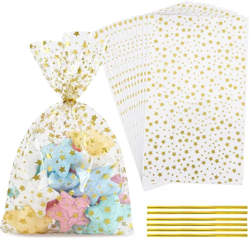 Bolsas de celofán, bolsas de celofán transparente, 7 x 12 pulgadas, 100 lazos giratorios para envolver regalos, dulces de embalaje, postres,