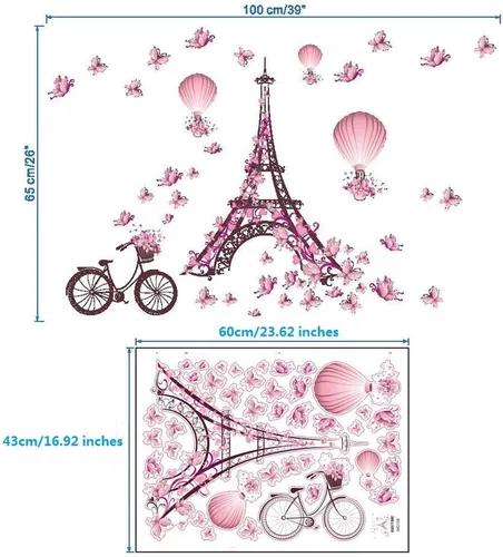 Miniatura 2 de Aniversario Día de la Madre Romántico Francia París Torre Eiffel Calcomanías de pared para habitación de niñas, flores bicicletas, mariposas, globo