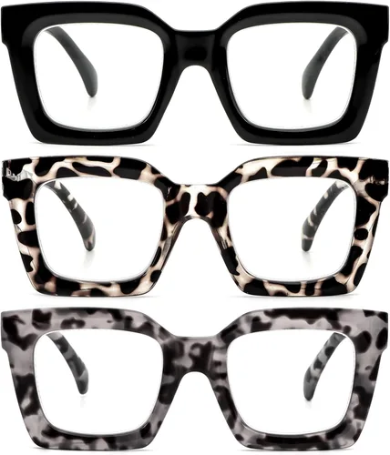 REAVEE - Paquete de 3 gafas de lectura de marco grueso sobredimensionado para mujeres con bloqueo de luz azul, elegantes gafas de lectura para