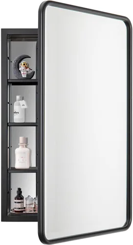 Miniatura 15 de Botiquín de baño negro con espejo de 16 x 24 pulgadas, marco de metal, empotrado o montado en la pared, gabinetes de medicina de una sola puerta