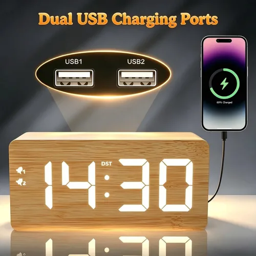 Miniatura 3 de URAYCO Reloj despertador digital de madera con cargador inalámbrico rápido de 10W, puertos de carga USB, DST, atenuable, modo repetición, pantalla