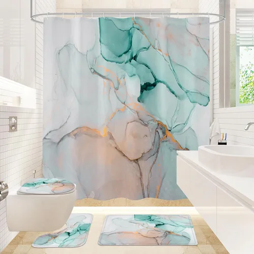 Miniatura 9 de Gibelle Juego de 4 cortinas de ducha de baño con alfombras antideslizantes, cubierta para tapa de inodoro y tapete de baño, juego de decoración