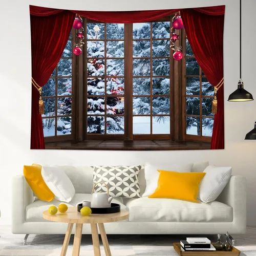 Miniatura 15 de LB Tapiz de Navidad de invierno, ventana de invierno exterior, pino nevado en bosque, tapiz de pared para dormitorio, paisaje de montaña, arte