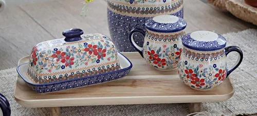 Miniatura 2 de Blue Rose Polish Pottery - Saleros y pimenteros de margaritas rojas con asas - 3.75 pulgadas de alto - Juego de condimentos de cerámica pintados a