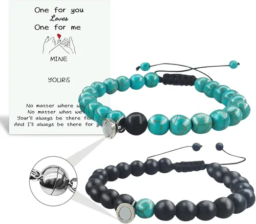Miniatura 27 de 2 pulseras magnéticas para parejas, piedra natural negra mate, cristal para votos de amor eterno, juego de pulseras de cuentas de piedra de energía