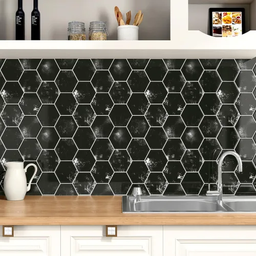 Wallercity Azulejos hexagonales de metro negro para salpicaduras para salpicaduras de mármol en muro para cocina, 10 hojas de azulejos de pared para