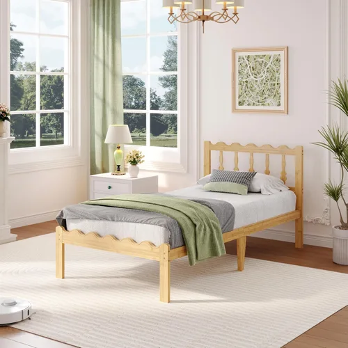 ZIYOO Base de cama individual XL de 14 pulgadas con cabecero y estribo ondulados, no necesita somier, plataforma de fácil montaje con listones de