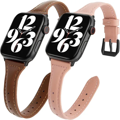 Miniatura 14 de 2 paquetes de correas delgadas de cuero genuino compatibles con Apple Watch de 38mm 40mm 41mm 42mm 44mm 45mm 49mm, correas delgadas de cuero de capa